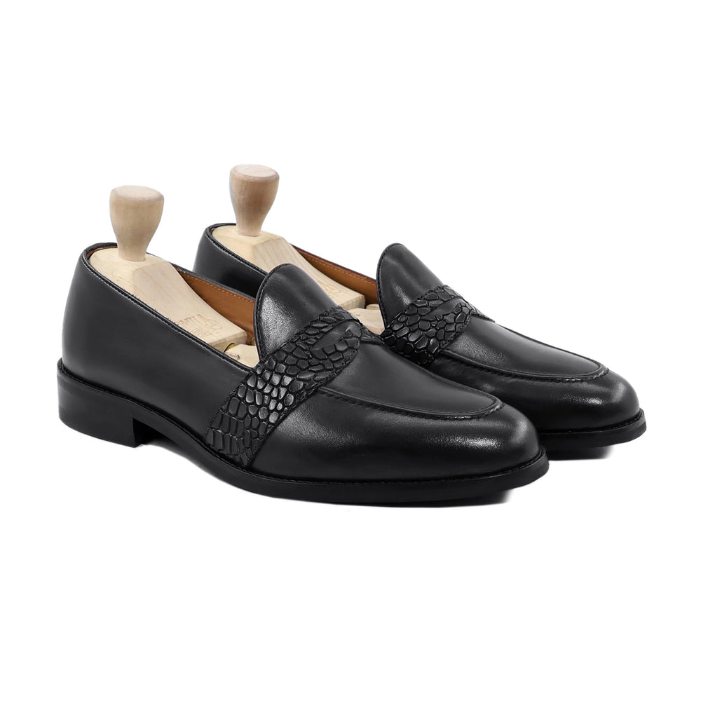 Black Leather Loafers with Textured Band | Men’s Formal Loafers