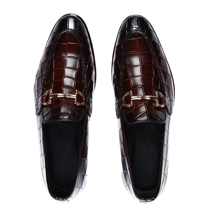 Elegant Burgundy Crocodile-Embossed Leather Loafers with Gold Metal Bit