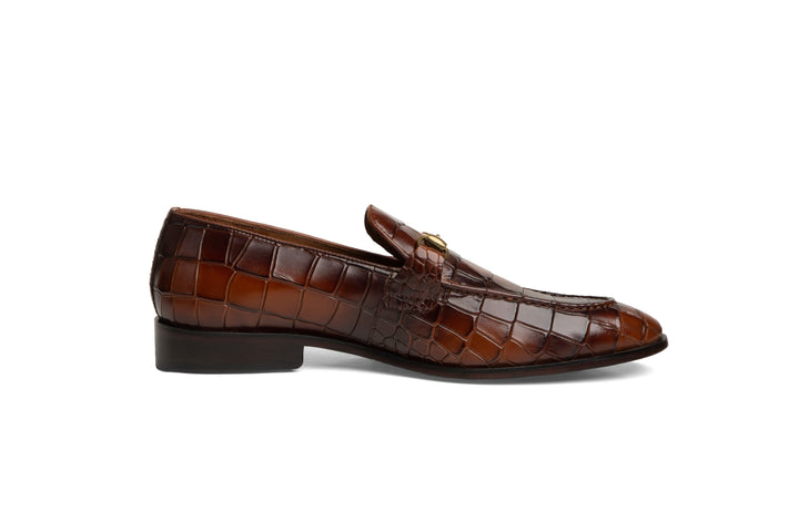 Premium Crocodile-Embossed Leather Loafers with Gold Metal Bit – Brown