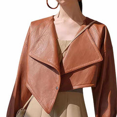 Women’s Brown Cropped Classic Leather Jacket